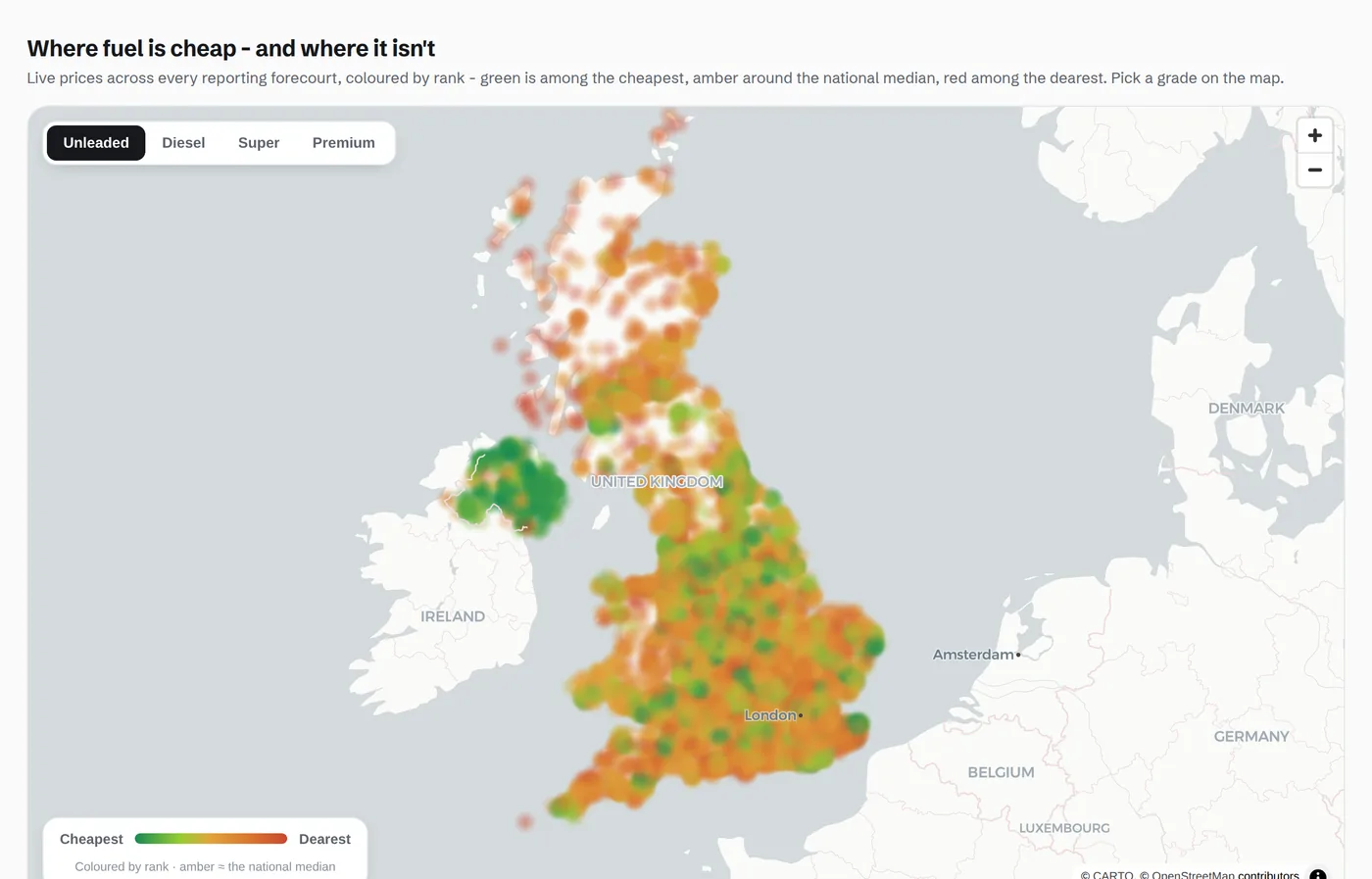 A national heat map of UK fuel prices, coloured green where fuel is cheapest and red where it is dearest