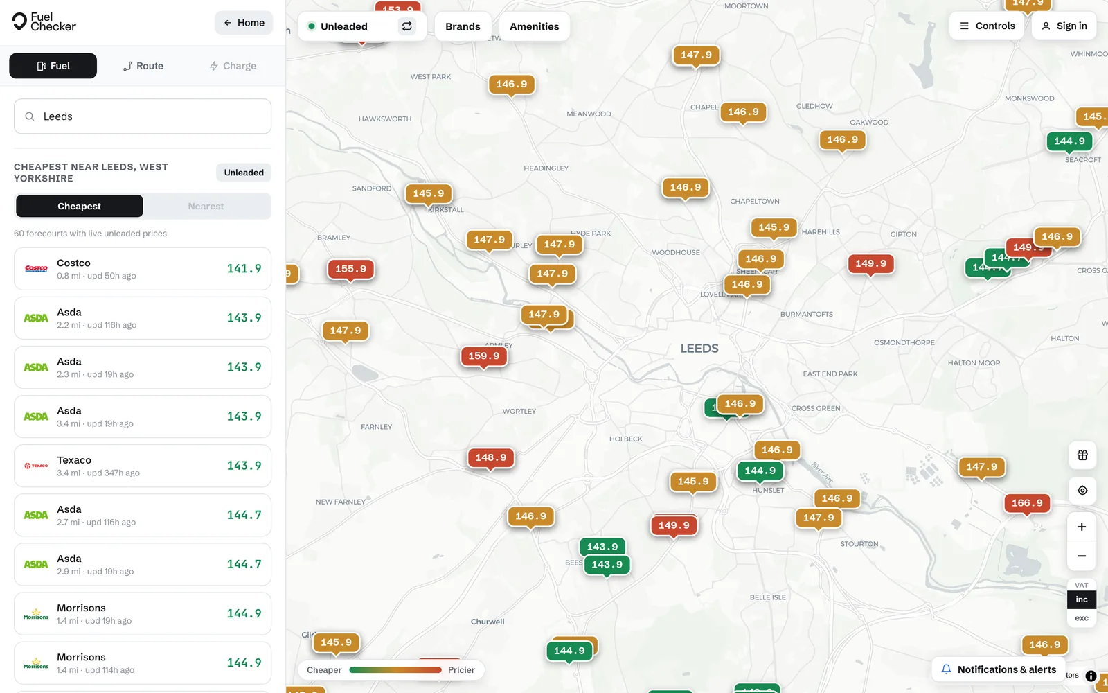 The Fuel Checker map showing live unleaded prices at forecourts around Leeds, with the cheapest stations listed in the side panel