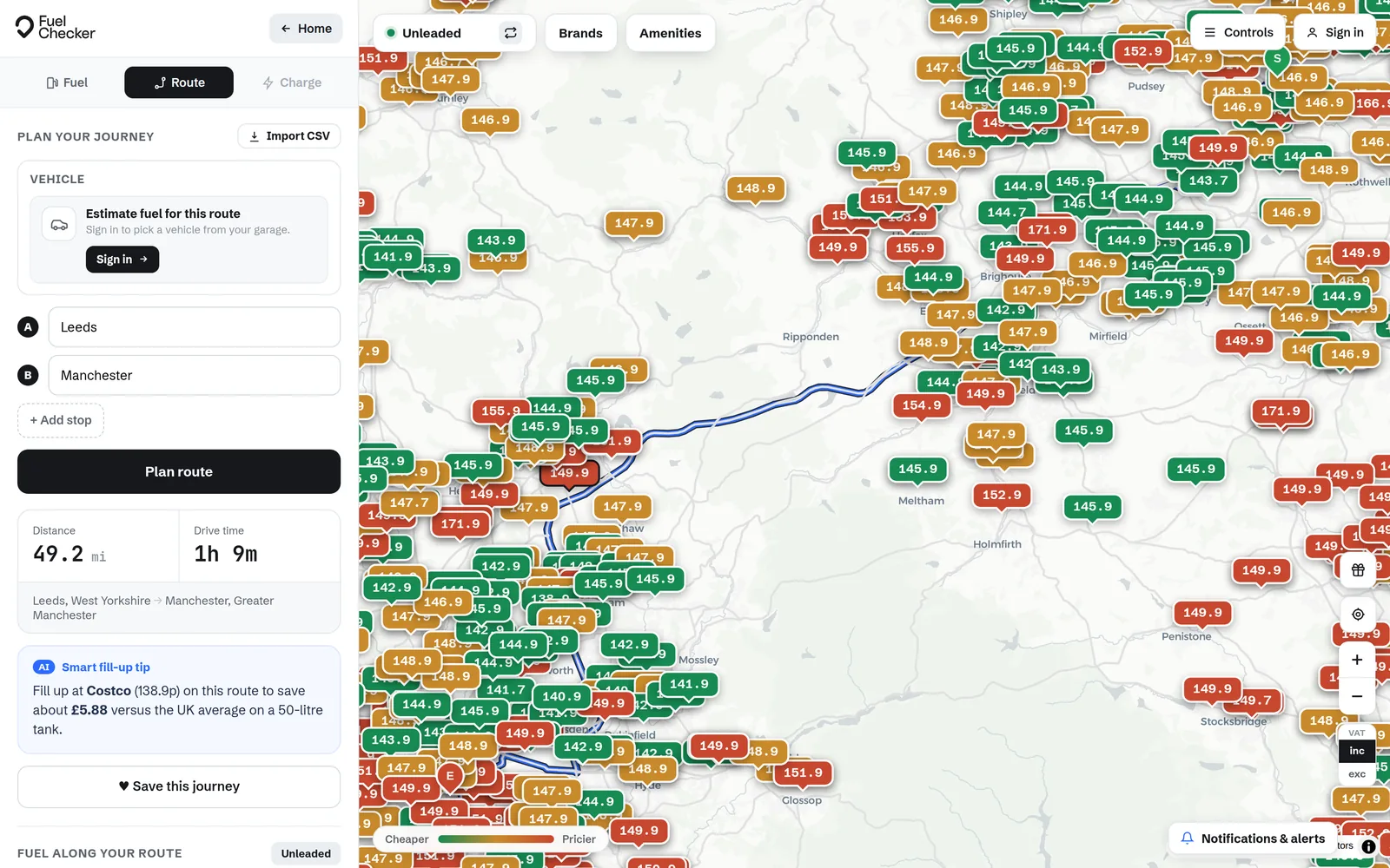 The route planner showing a Leeds to Manchester journey with distance, drive time and a smart fill-up tip naming the cheapest forecourt on the route